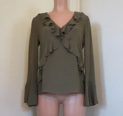 BAILEY 44 NWT GREEN SEMI-SHEER RUFFLED LONG FLUTTER SLEEVE PULLOVER TOP, SIZE M - Image 1 of 4