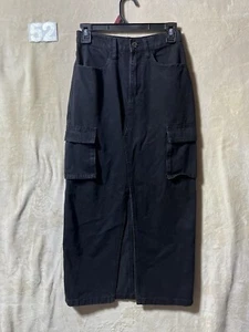 Sincerely Jules Jean Denim Maxi Skirt Retro Front Slit Cargo- Black Size 1/24 - Picture 1 of 6