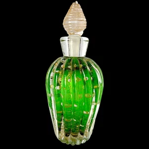 Vintage Murano Barovier Toso Glass Cordonato d’Oro Green Gold Dust Vanity Bottle - Picture 1 of 11