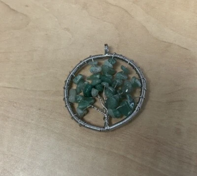 绿色 Aventurine 宝石吊坠项链 生命之树 漂亮 镀银 — 第 1/4 张图片