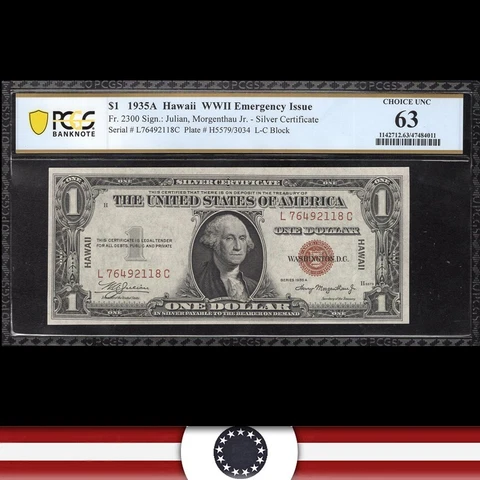 1935-A $1 HAWAII Silver Certificate PCGS 63 Fr 2300 L76492118C Cover