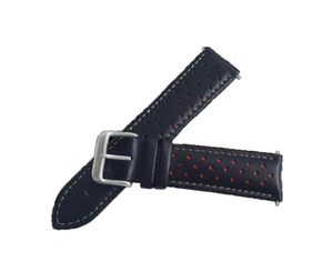 Marchand Black and red leather rally watch strap 22mm silver buckle Brand new - Picture 1 of 4