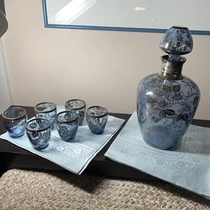 SILVER OVERLAY DECANTER AND shot glasses  ..Vintage Elegance Blue - Picture 1 of 16