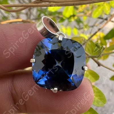 Colgante certificado plata 925 piedras preciosas corte cojín zafiro azul natural 26,5 quilates Foto 1 de 4