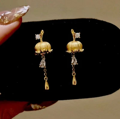 18K Gold Plated Zirconia Lily Flower Elegant Water Drop Earrings Unique Design - Image 1 of 4