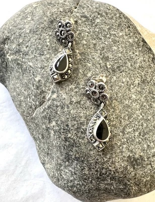 Pendientes colgantes vintage de plata de ley 925 marcasita de ónix negro Foto 1 de 3