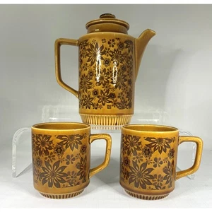 70s Ceramic Coffee Pot Mug Set Cups Vintage Retro Made Japan Farmhouse Country - Picture 1 of 9