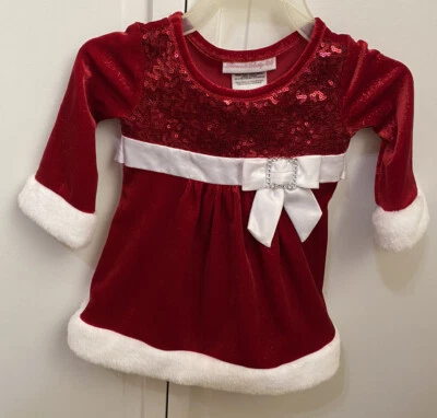 Bonnie Jean Red White Sequin Christmas Santa Holiday Faux Fur Trim Dress 3-6M - Image 1 of 4