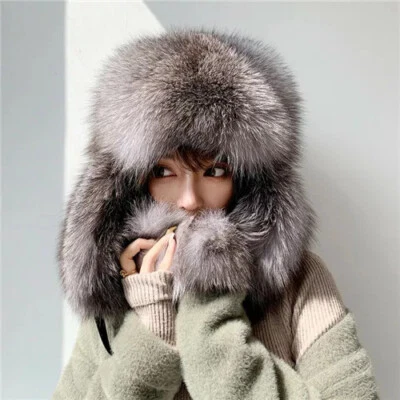 Unisex Completo Cubierto Real Piel de Zorro Sombrero Rusia Ushanka Trampero Sombrero Cálido Cazador Sombrero Foto 1 de 4