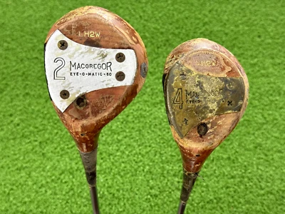 MacGregor Tourney Eye-O-Matic LH2W Persimmon 2 & 4 Fairway Wood Set Left Handed - Image 1 of 4