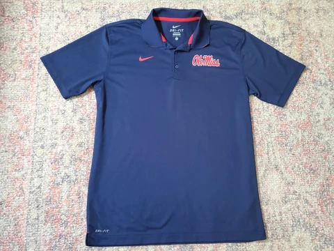Ole Miss Rebels Nike Dri-Fit Polo/Golf Shirt-Size Mens L-Navy W/Red Logo & Trim Cover