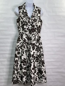 Dress barn Women’s Sz 4 Cream/Brown Floral Button Pleated A-line Dress - Picture 1 of 9
