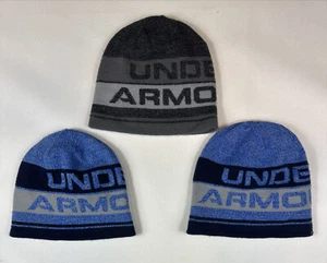 Under Armour ColdGear 3-Beanies Set Youth Boy’s One Size Gray & Blue EUC. - Picture 1 of 8