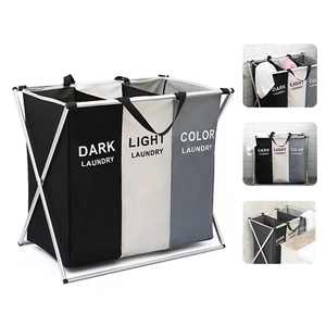 Foldable Washing Laundry Basket Hamper Clothes Storage Large 3 Section Foldable - Picture 1 of 7