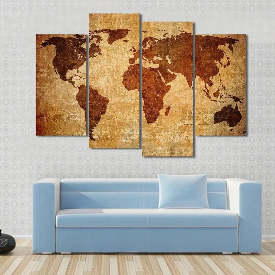 Vintage Grunge World Map Rustic 4 Piece Panel Canvas Wall Art Photo Decor - Image 1 of 1