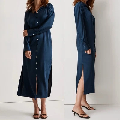 Vestido camisero midi satinado con botones delanteros talla 6 cuello sedoso azul marino MADEWELL Foto 1 de 4