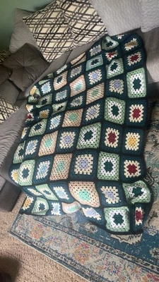 Handmade Large Black Rainbow Granny Square Quilt Blanket - Image 1 of 4