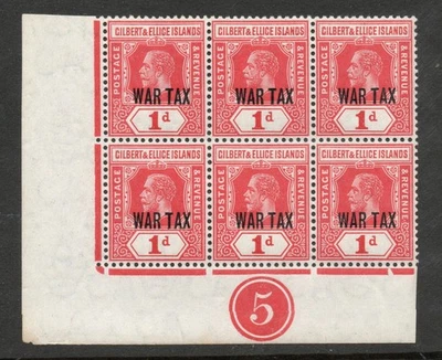 Gilbert & Ellice Is. Impuesto de guerra 1918 1d rojo en bloque de placas SG 26 Mnh. (R2685) Foto 1 de 2