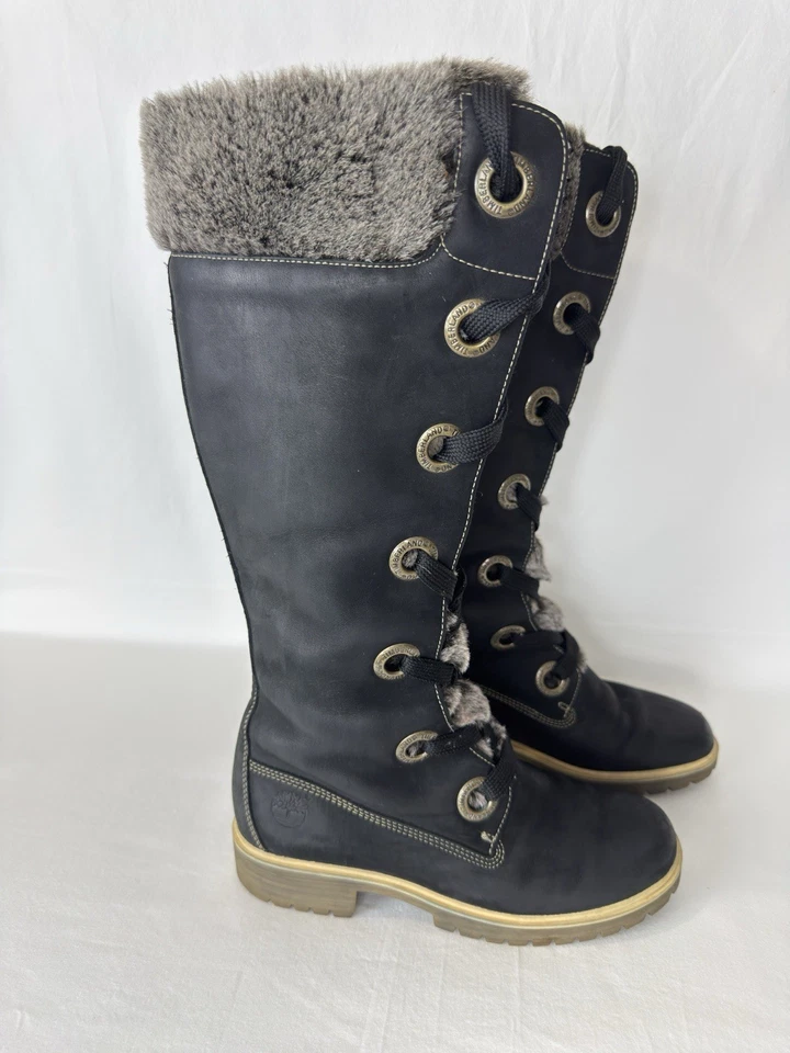 Timberland Botas Altas Cálidas Negras 6.5 M Forradas de Piel Cuero Hasta la Rodilla Con Cordones Mirney Foto 1 de 4