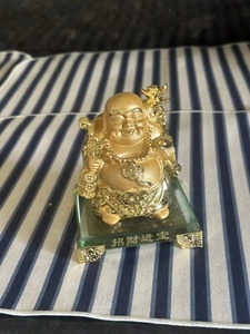 Chinese Wealth Money Happy Laugh Buddha Carrying Coins Statue with glass stand - Picture 1 of 8