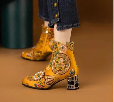 Botines Tacón Bloque Punta Redonda Informales Mujer Cuentas Cremallera Lateral Bordado Zapatos  Foto 1 de 4