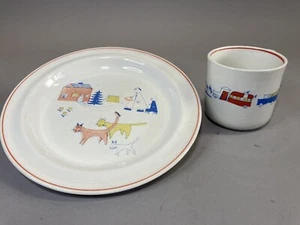 Vtg Arabia Finland Childs Plate & Cup Cats & train boat camper firetruck MCM - Picture 1 of 10