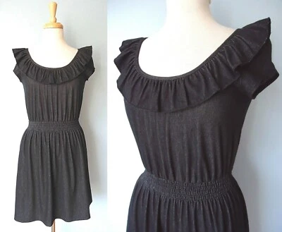 Vestido top soprano elástico de algodón negro con volantes plisado manga gorra para mujer M Foto 1 de 4