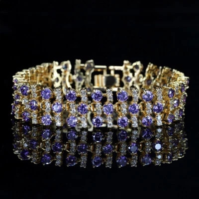 Brillante Redondo Circonita Cúbica Ancho Tenis Boda Chapado en Oro Pulsera Joyería Foto 1 de 4