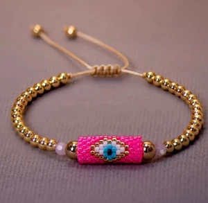 Damen Modeschmuck Gold Perlen Bohemian Hot Pink Evil Eye Armband 430 - Bild 1 von 1