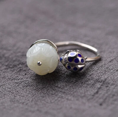 I05 Anello Coccinella Con Punti Blu Fiore Giada Bianca Argento 925 Regolabile - Immagine 1 di 4