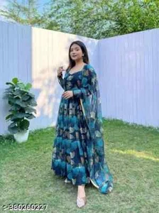 Attraktive Damen Georgette Anarkali Stil bedruckt ethnische Kurti mit Dupatta - Bild 1 von 3