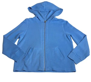 Vintage Liz Claiborne Sweater Womens M Blue Knit Hooded Full Zip Cotton Preppy - Picture 1 of 20