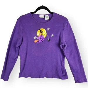 Vintage WhiteStag Halloween bestickt Rundhalsausschnitt lila Hexe Besenstiel Langarm - Bild 1 von 11