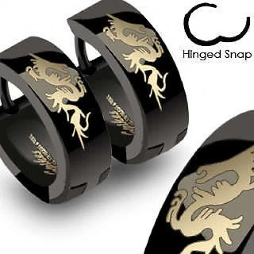 DRAGON surgical steel MEN'S HUGGIE HOOP Hinge EARRINGS black/gold 316L mens - Image 1 of 1