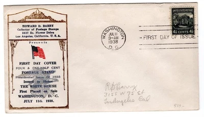 #809 Presidential Series 4 1/2c White House 1938 FDC - Howard Barry - Image 1 of 2