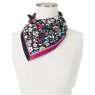 Echo for Talbots Black Floral Square Scarf Vibrant Colorful Flowers Pink Border - Image 1 of 4