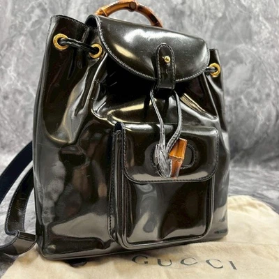 GUCCI 003.2058.0030 Bamboo Leather Backpack Black Gold Hardware Logo From Japan - Image 1 of 4
