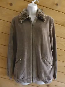 Neiman Marcus Sz S Tan Animal Faux Fur Collar Velour Full Zip Long Sleeve Jacket - Picture 1 of 10