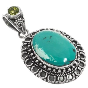 925 Sterling Silver Turquoise Peridot Gem Sterling Pendant, 1 3/16" - Picture 1 of 4