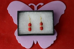 BEAUTIFUL GOLD PLATED EARRING WITH RED AGATE & CZ 3.8 GR 2.5 Cm. LONG + HOOKS - Picture 1 of 7