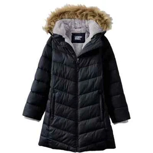 Lands' End Girls Fleece Lined Hooded Puffer Coat, Black, M(10/12) - Picture 1 of 2