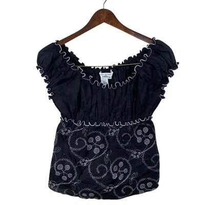 Blusa Max Studio para mujer talla L negra blanca dobladillo rizado bordado al hombro Foto 1 de 4