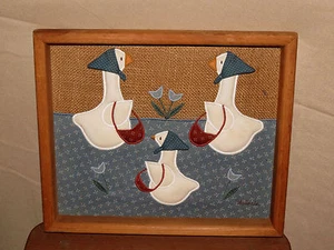 ANTIQUE American FOLK ART Goosey Goose Gander Set 3 Embroidery picture sampler @ - Picture 1 of 3