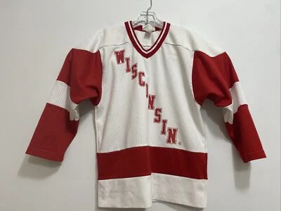 Vtg Wisconsin Badgers Hockey Jersey Koronis Sports White 90s Youth L *USA Made* - Image 1 of 4
