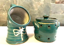 Salt Cellar + Garlic Keeper DRAGONFLY Handmade Studio Art Pottery Green Set