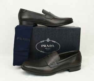 NIB PRADA 2DC213 BROWN LEATHER LETTERING LOGO PENNY MOCCASIN LOAFERS 9.5 US 10.5