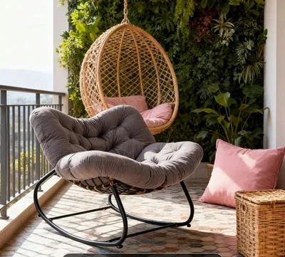 Garden Outdoor Rocking Chair Large Metal Frame Thick Padding Grey - Image 1 of 4