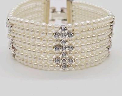 人造珍珠分层手链 7 行银色水晶口音定制复古 7 — 第 1/4 张图片