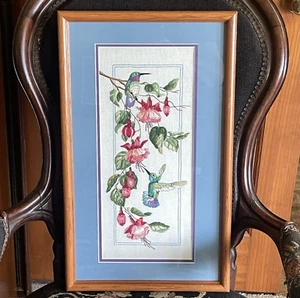 Vintage Framed Crewel Embroidery – Hummingbirds & Fuchsia – 13x22" Nature Art - Picture 1 of 17