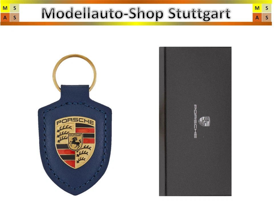 Porsche Portachiavi Stemma - Blu - Vera Pelle - Made IN Germania - Nuovo - Immagine 1 di 1